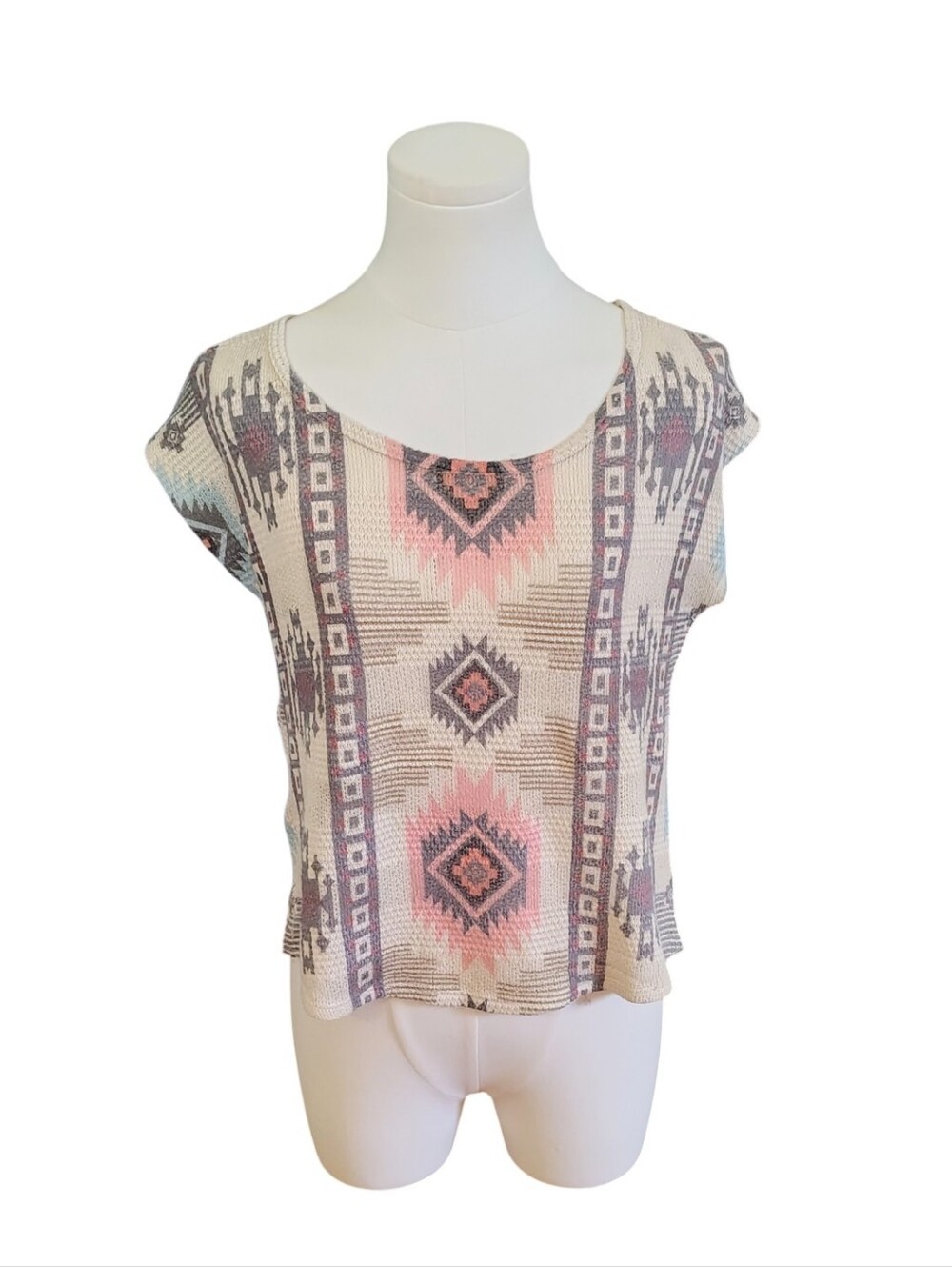 Blu Planet Cream Pink Purple Blue Native American New Mexico Blouse Size Large